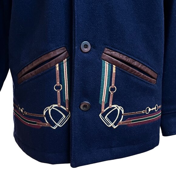 Vtg The Equestrian Jacket Womens Wool Leather Navy Barn Chore Coat Moth Holes XS - Picture 7 of 12